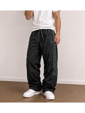 VTG Adidas Track Pants Nylon Drawstrings Men S Baggy Y2K Black Green 3- Stripes